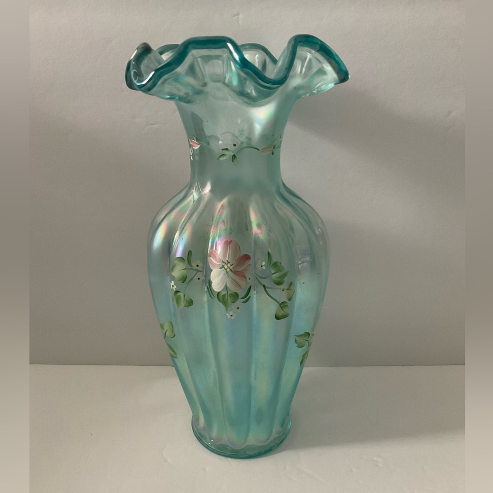 Fenton Ruffled Rim Iridescent Mist Green Vase - Picture 7 of 7